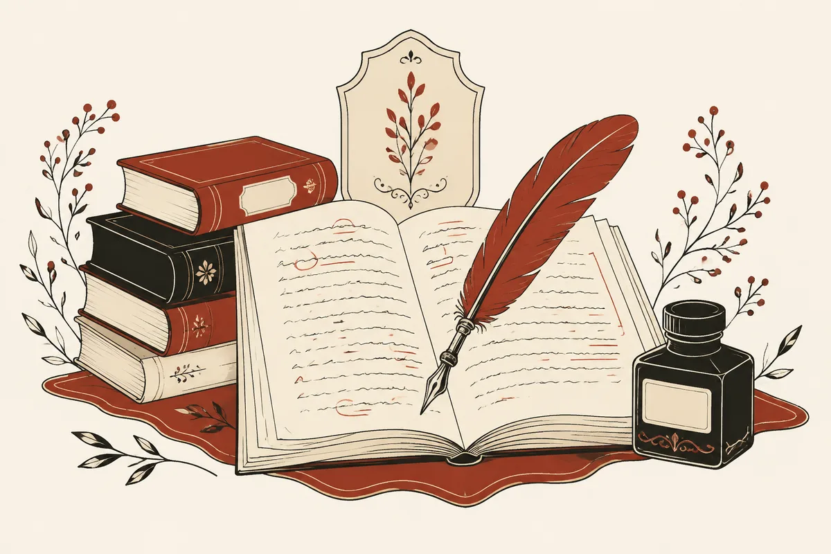 Open manuscript with a vermilion quill pen, stacked books and an ink bottle